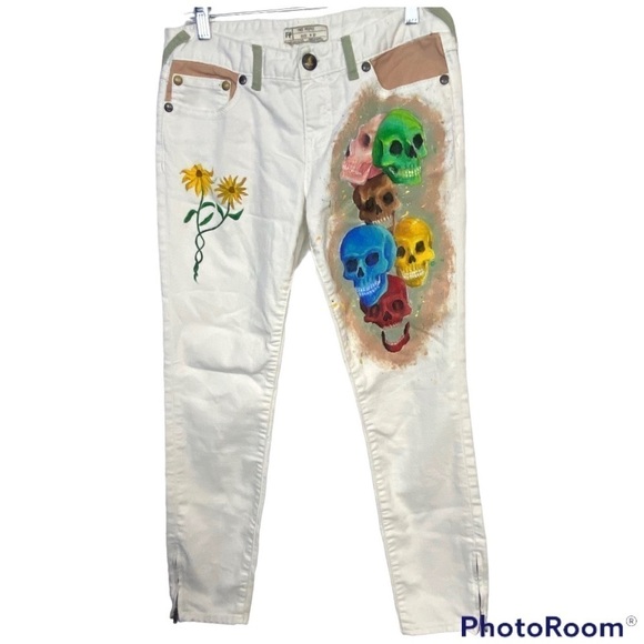 Free People SKULL DAISY BOHO Hippie Pant Hand Painted  One Of A Kind - Picture 1 of 10